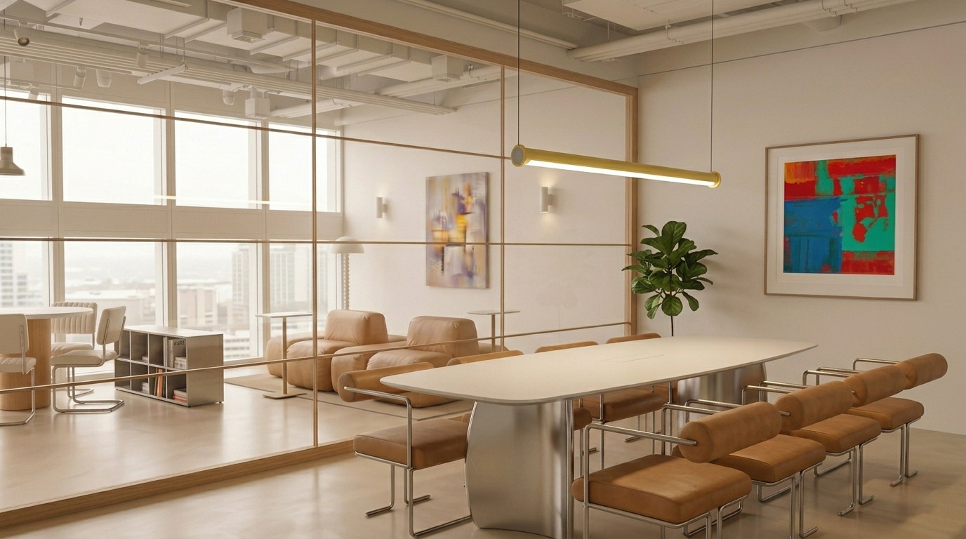 Glass-walled coworking meeting room with warm wood accents and colorful art