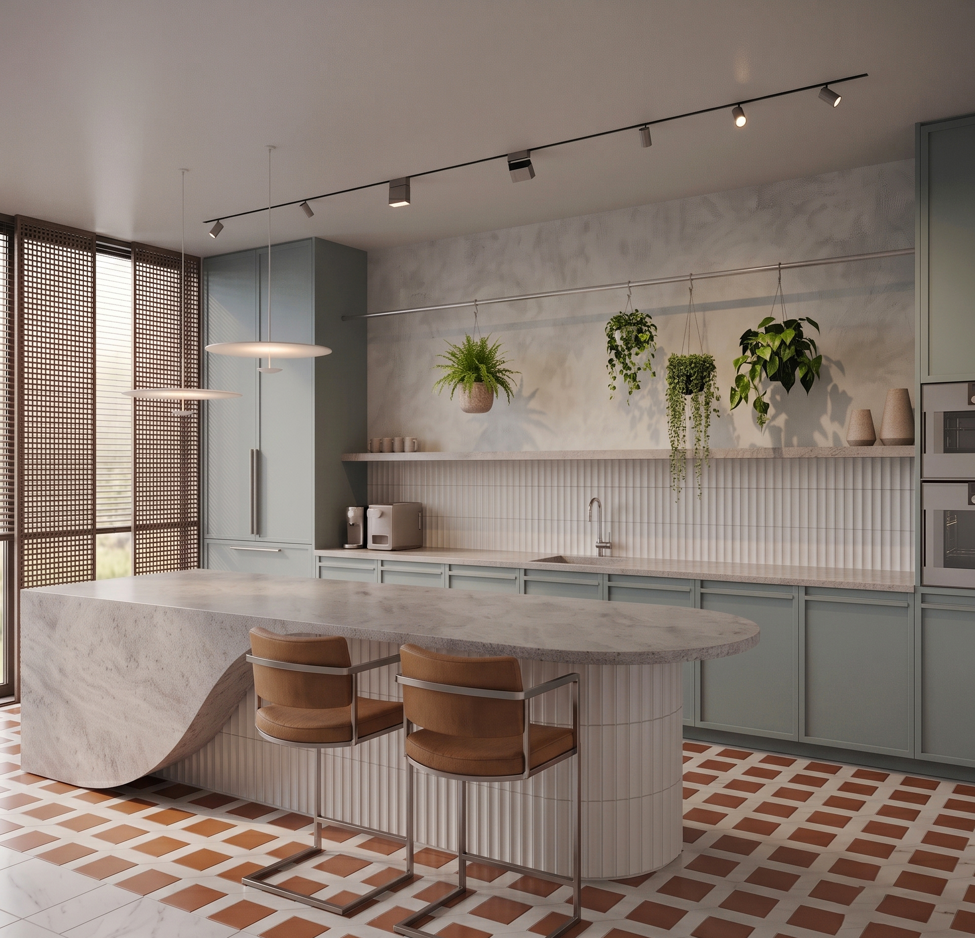 Sage green kitchen with marble waterfall island and hanging plants