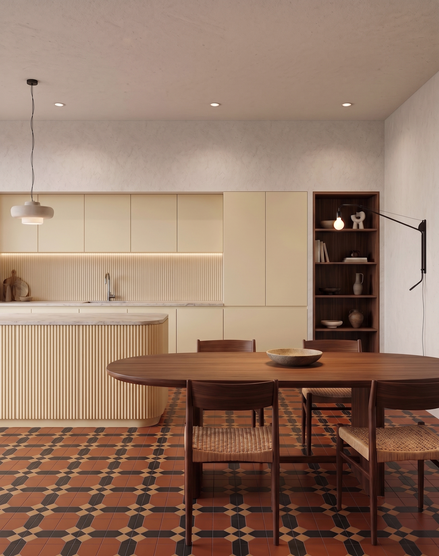 Kitchen with cream cabinetry, terracotta patterned tile floor, and walnut dining table